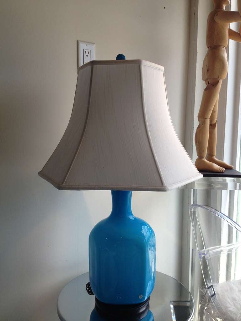 Circa 1960's Turquoise Cased Glass Holmegaard Danish lamp dark wooden base and real Turquoise finial,possibly Otto  brauer