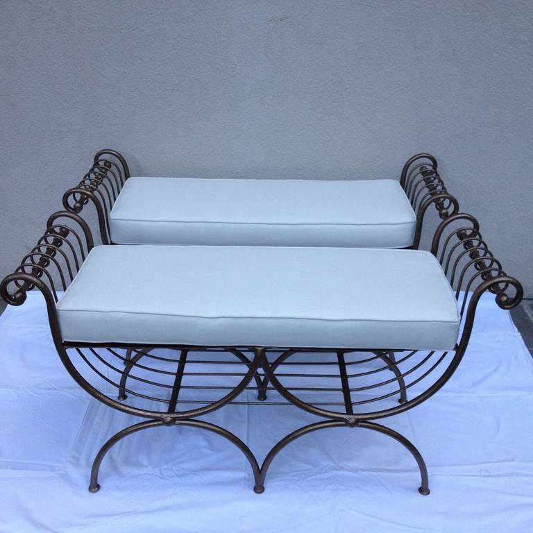 Pair of Hollywood Regency Bronze Gilt Iron Benches In Excellent Condition In Westport, CT