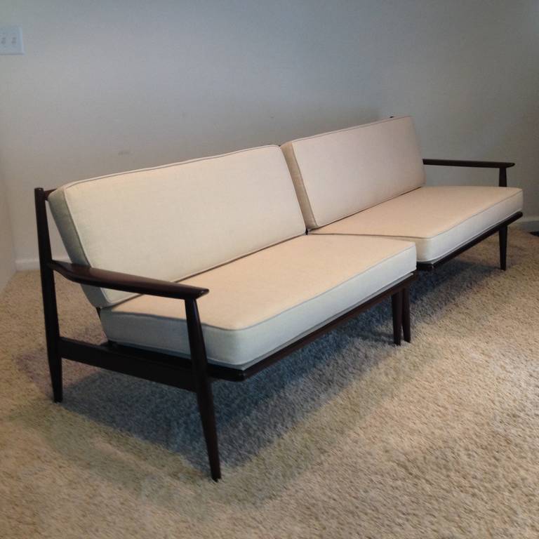 Danish Modern Selig two Piece sectioned sofa for many configurations , side two side, lshaped with table in corner, or across from each other , dark walnut, with slatted angled back, matching chair , in separate listing ,total new Ulpholstery ,and