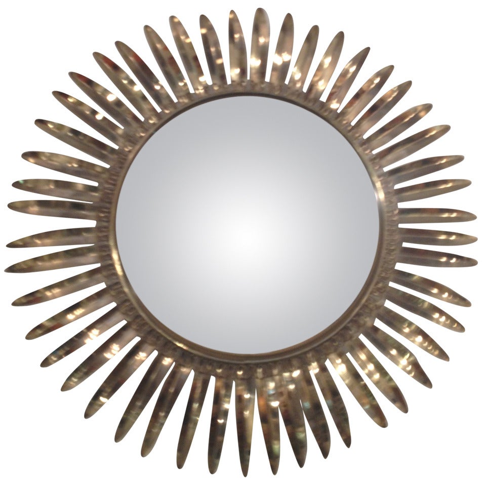 French 1950s Brass Starburst Convex Mirror