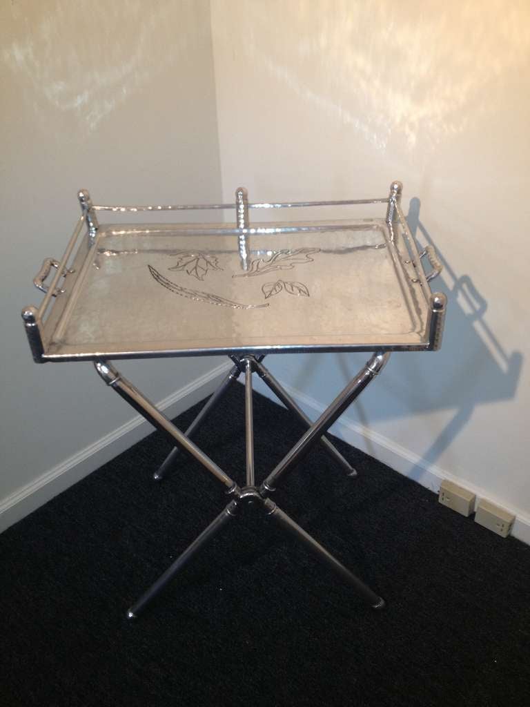 wonderful Aluminum Ever last Co Hand Forged Leaf designed tray Bar table with folding base  I have listed one ,but have a pair of these
