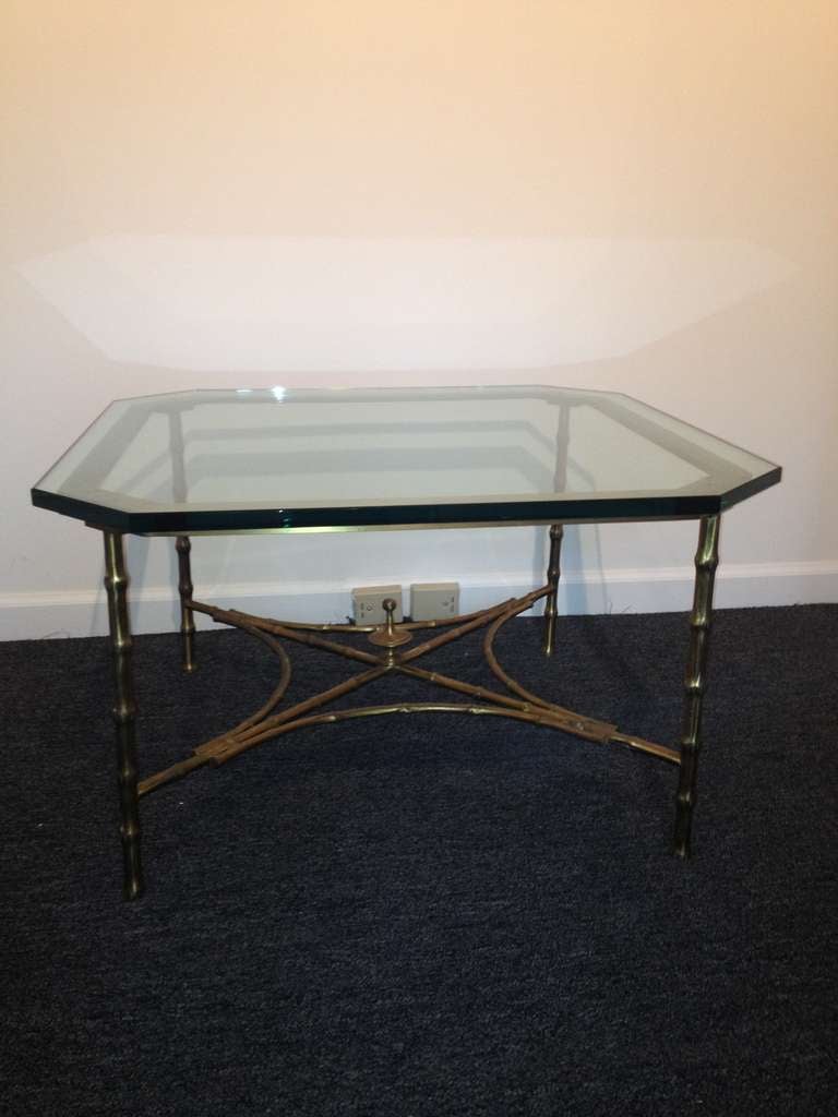 Maison Bagues Bronze and Glass Bamboo design Glass top  Cocktail Table circa 1950