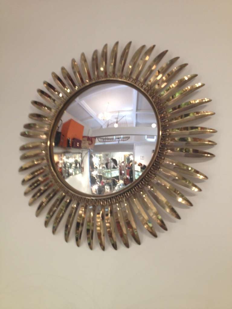 Mid-Century Modern French 1950s Brass Starburst Convex Mirror For Sale