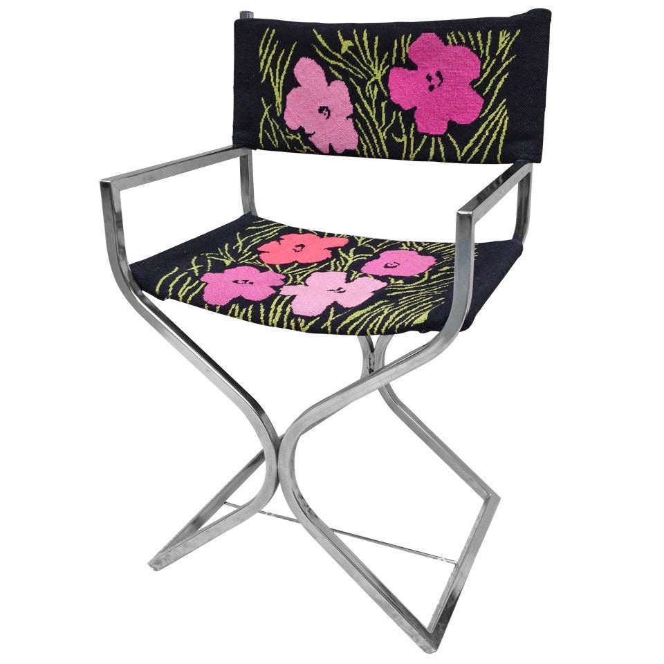 Chrome Directors Chair needlepoint Andy Warhol Poppies