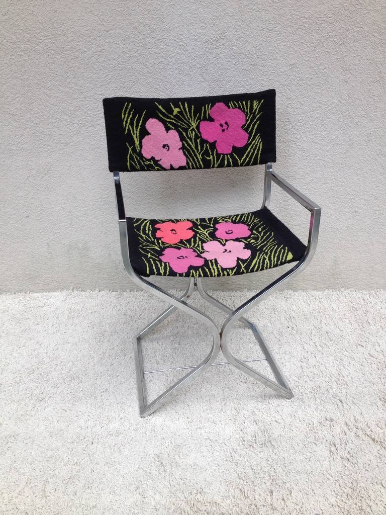 Chrome Directors Chair needlepoint Andy Warhol Poppies In Excellent Condition In Westport, CT