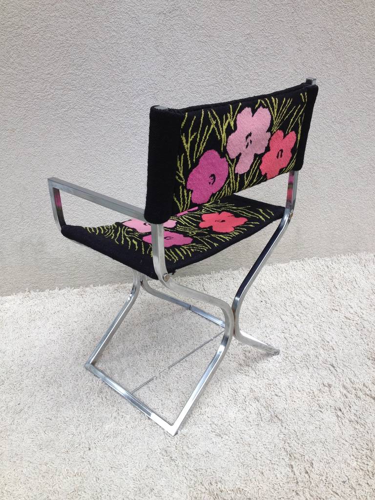 Mid-20th Century Chrome Directors Chair needlepoint Andy Warhol Poppies