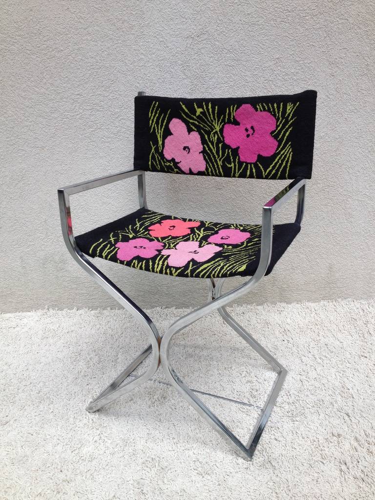 Polished Chrome Directors Chair,seat and back Hand made vintage, Andy Warhol Famous serigraph design Poppies.