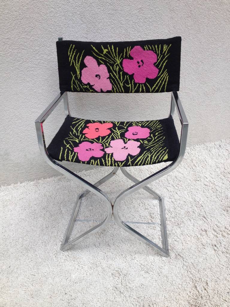 Mid-Century Modern Chrome Directors Chair needlepoint Andy Warhol Poppies