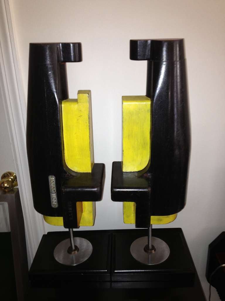 Pair Unusual all original modernist Sculpture wood block Machinist forms Rare .Hand made bases,hand colored red yellow black