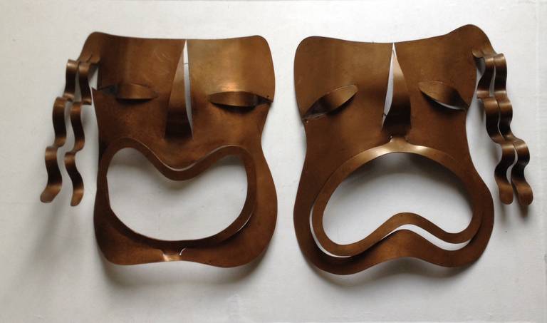 Francisco Rebajes 1906-1990 unsigned hand wrought copper Comedy tragedy face wall mask sculptures,rare and unusual design.