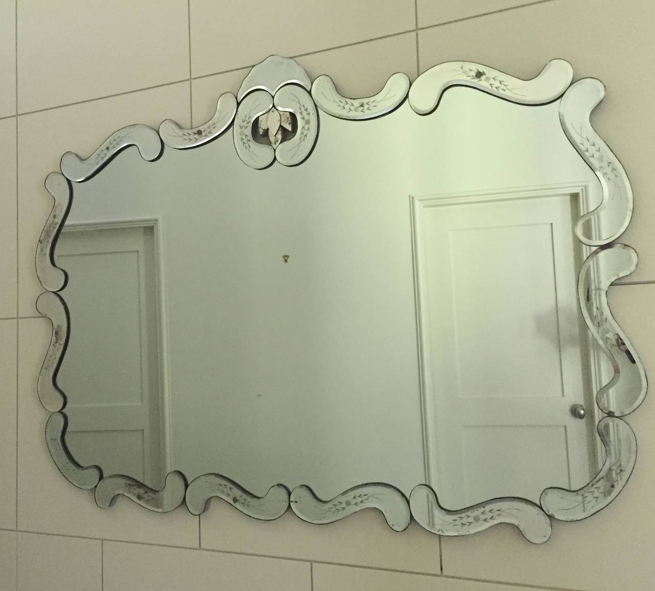 Large Hollywood Regency Bevelled Etched Mirror For Sale at 1stDibs