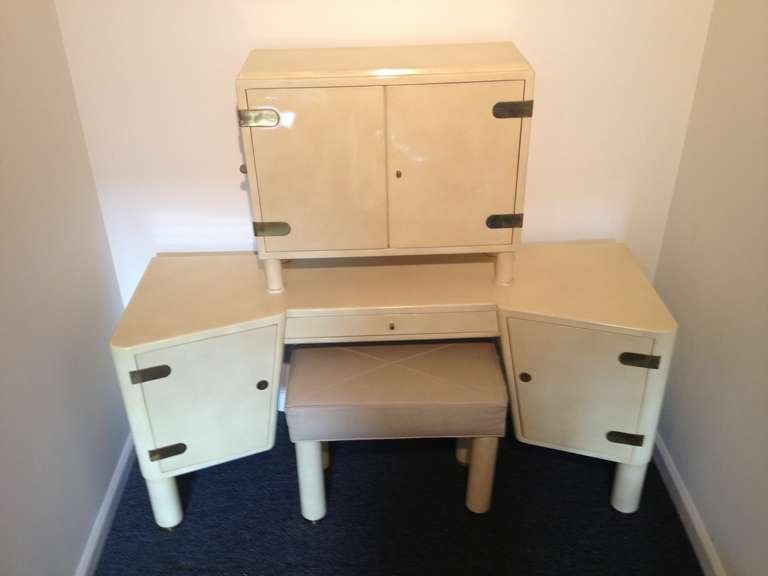 Mid-Century Modern French Parchment Lacquered Vanity And  Leather Top Stool For Sale