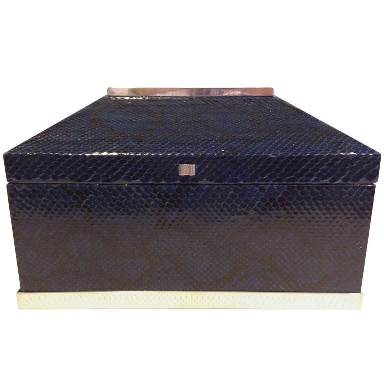 Blue Python Snakeskin Box Attributed to Karl Springer with Silver Mountings