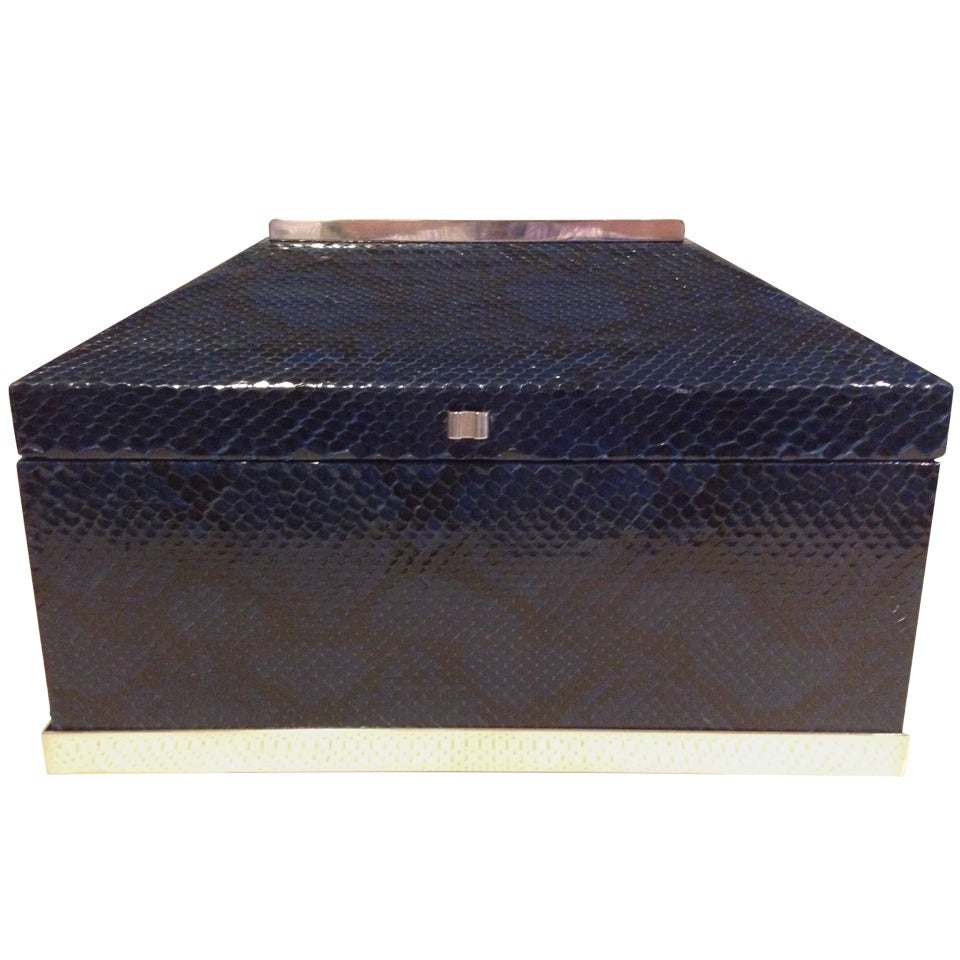 Blue Python Snakeskin Box Attributed to Karl Springer with Silver Mountings For Sale