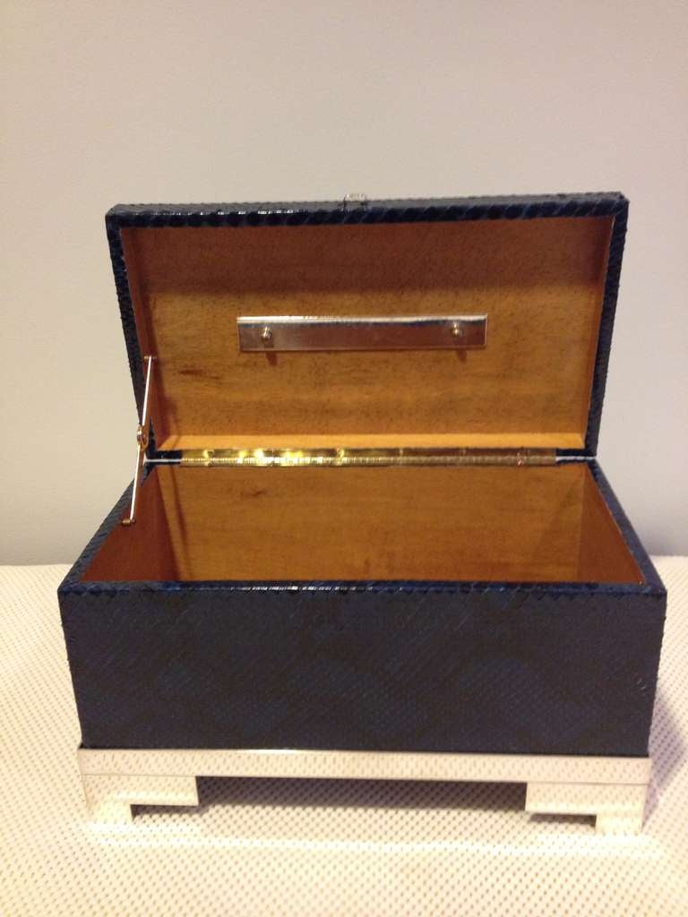 Mid-Century Modern Blue Python Snakeskin Box Attributed to Karl Springer with Silver Mountings For Sale