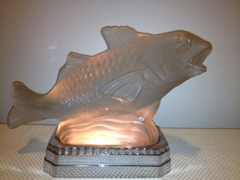 Signed Sabino Art Deco fish light frosted glass with original polished chrome base, circa 1925.