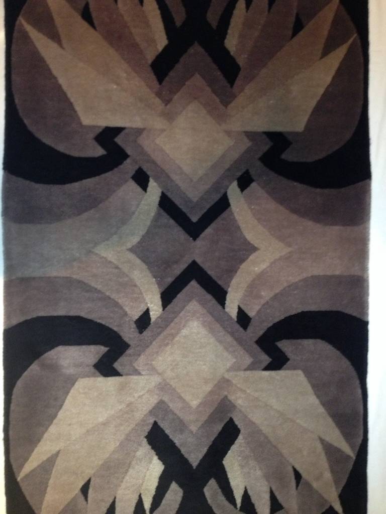 Authentic Rare Art Deco geometric handmade wool Rug ,with off white edge,colors are Grey Black Taupe Silver,in original excellent condition ,one picture shows back flipped over,and last picture is of the entire back,looks as beautiful as the