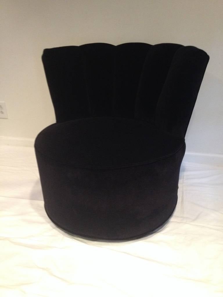 Gilbert Rohde Style Art Deco Black Velvet Channel Back Swivel Chair,petite design.