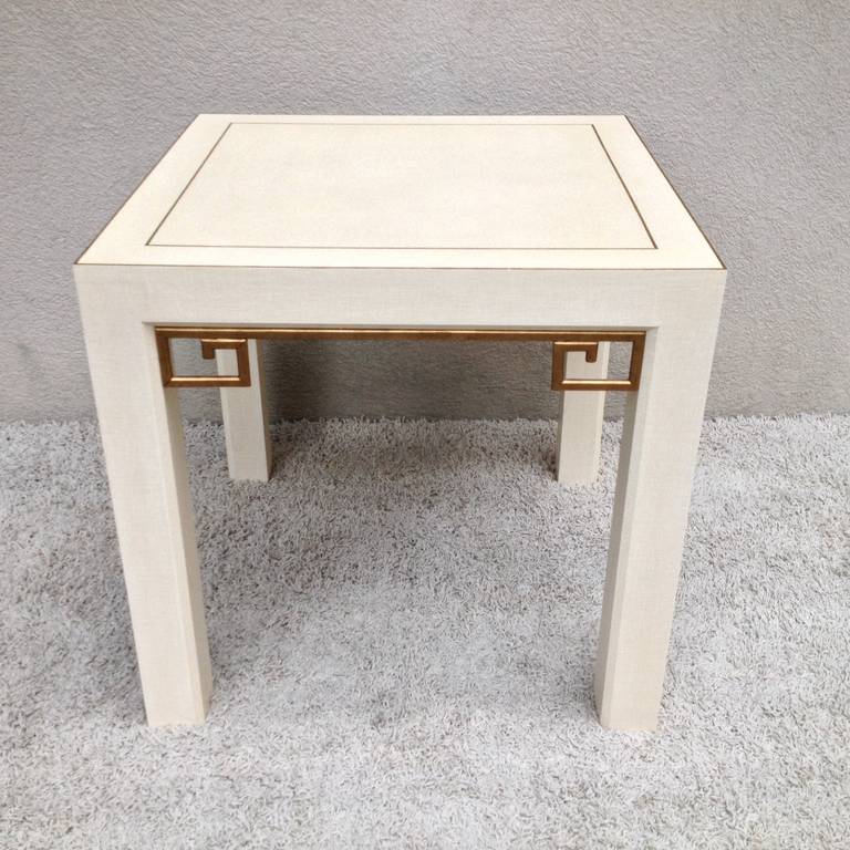 Mid-Century Modern Karl Springer Style Linen Gilt Greek Key Table For Sale