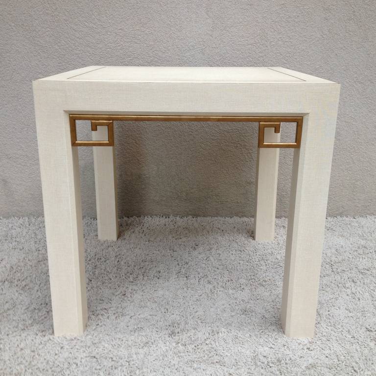 Appliqué Karl Springer Style Linen Gilt Greek Key Table For Sale