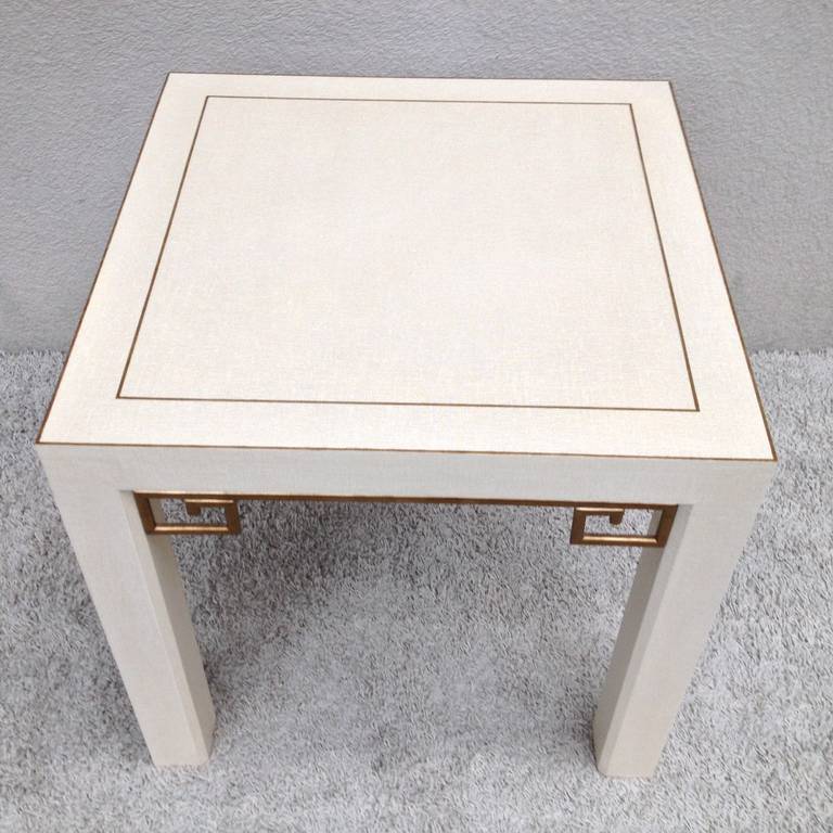 Karl Springer Style Linen Gilt Greek Key Table In Excellent Condition For Sale In Westport, CT