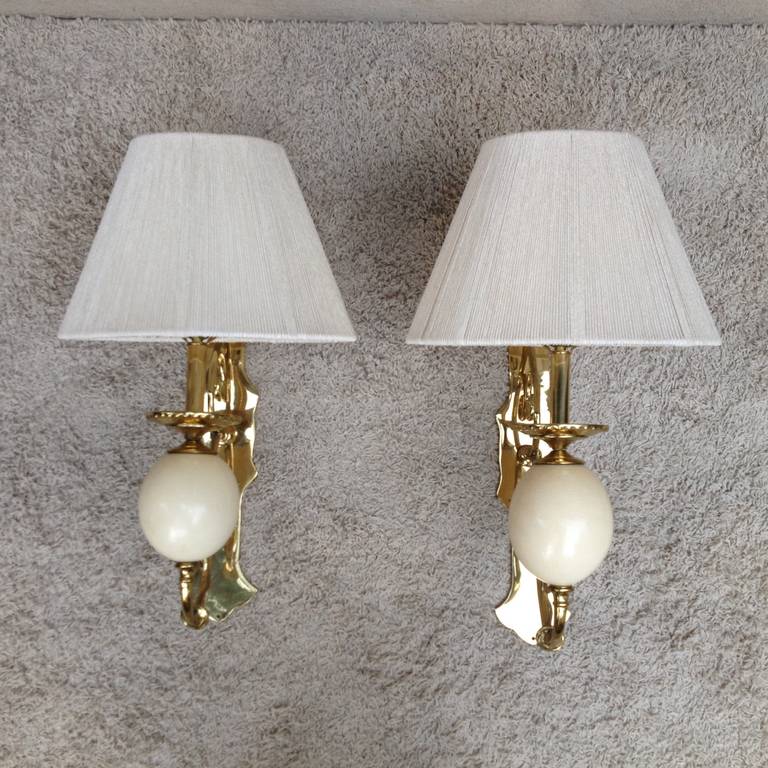 American Pair of Brass Ostrich Egg Wall Sconces, 1990 For Sale