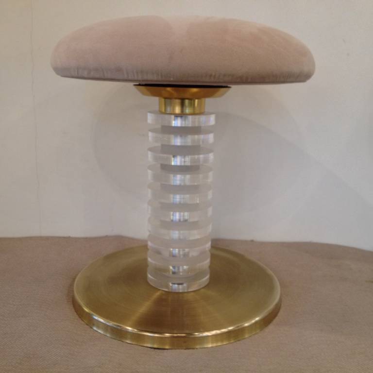 Design For Leisure Ltd. Lucite column brass base vanity stool with ultra-suede fabric, all original.