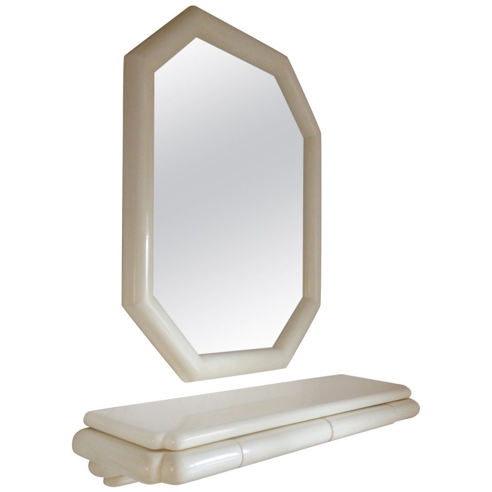 Karl Springer Style Lacquered Large Mirror with Wall Shelf, 1990 For Sale