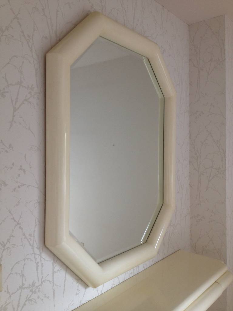 Mid-Century Modern Karl Springer Style Lacquered Large Mirror with Wall Shelf, 1990 For Sale