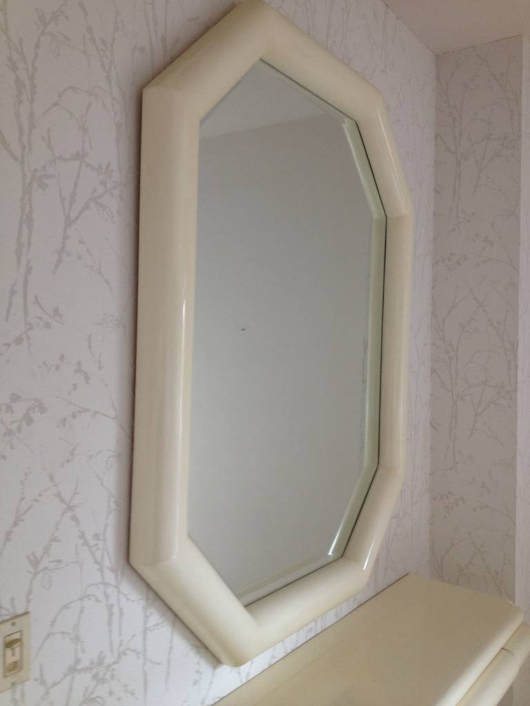 American Karl Springer Style Lacquered Large Mirror with Wall Shelf, 1990 For Sale