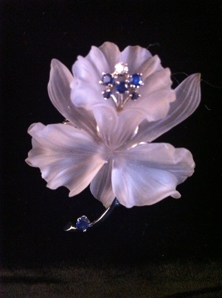 American Frosted Carved Crystal 14k Sapphire Diamond Flower Pin