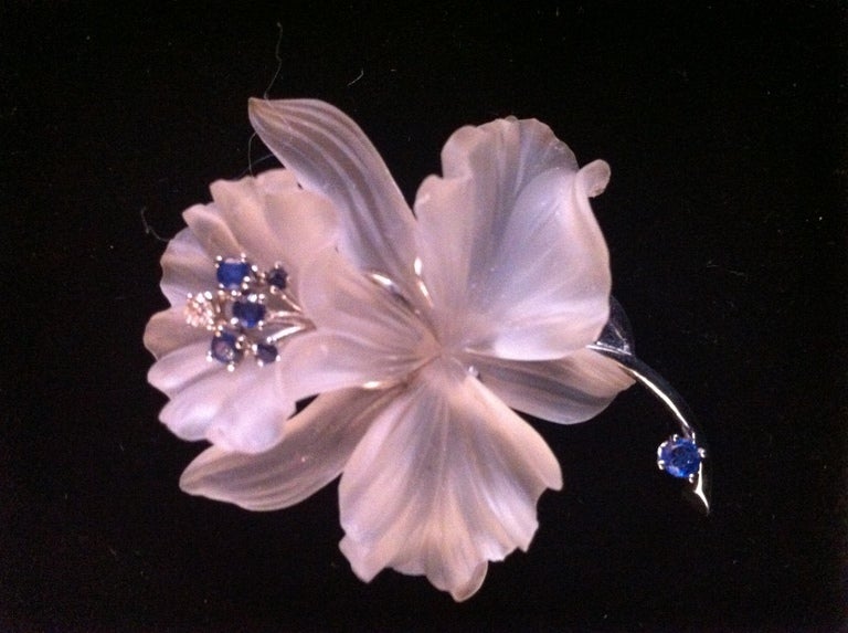 Art Nouveau Frosted Carved Crystal 14k Sapphire Diamond Flower Pin