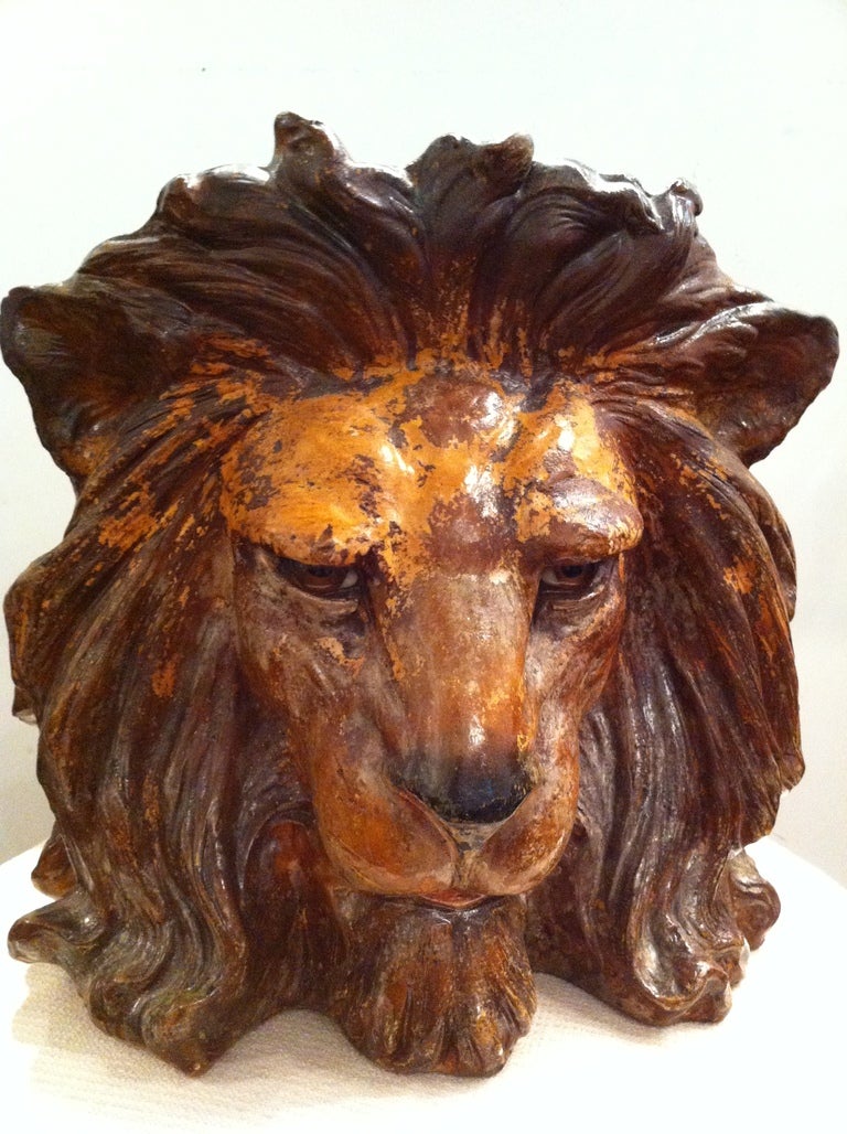 Pair Stamped Bretby ceramic Lions head planter with Glass eyes circa 1880's,