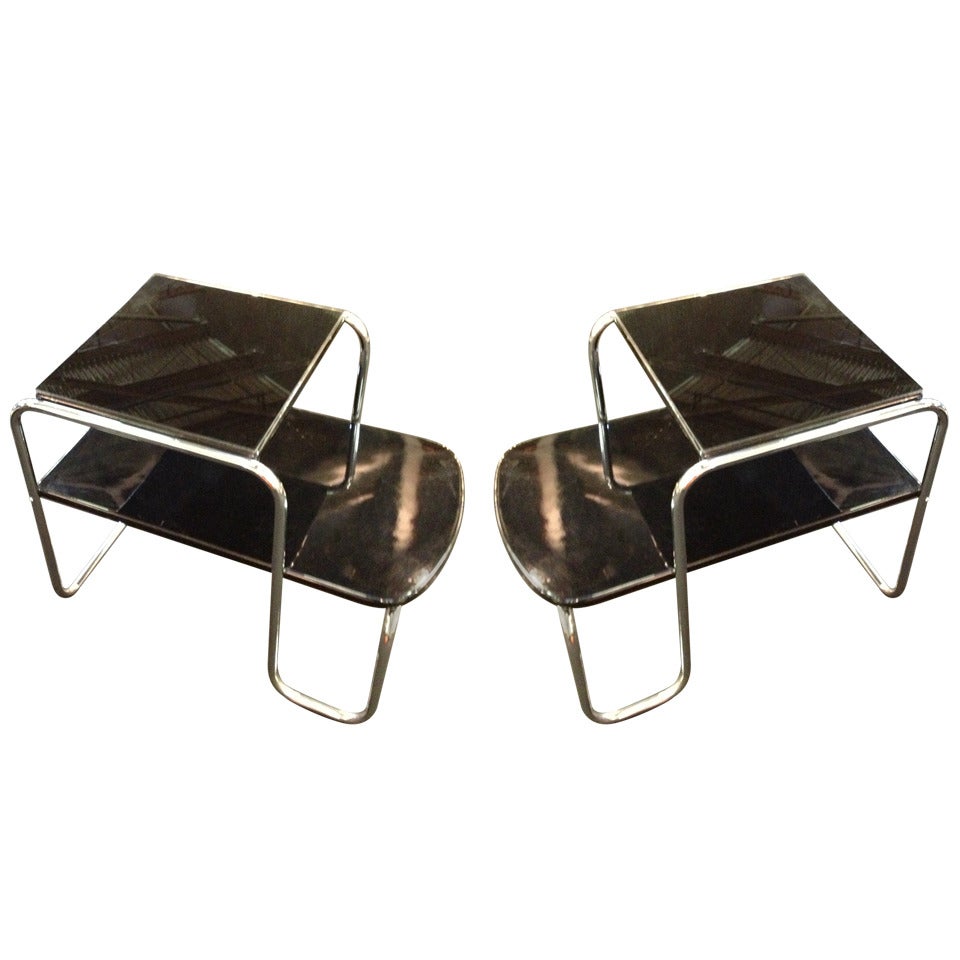 Pair Gilbert Rohde Black lacquer deco end tables