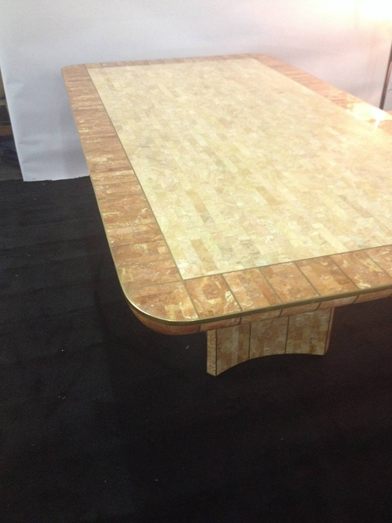 Mid-Century Modern Maitland Smith Fossil Stone Bronze Inlaid Dining Table casa Bisque