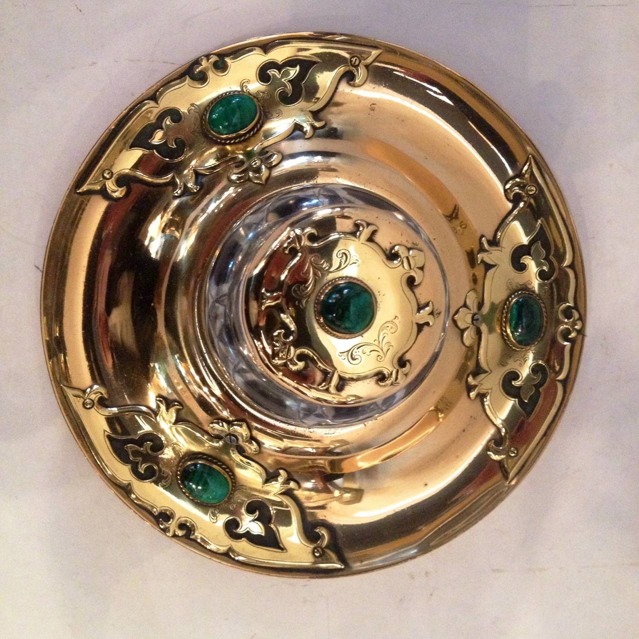 Art Nouveau Brass Crystal Malachite Inkwell In Excellent Condition For Sale In Westport, CT