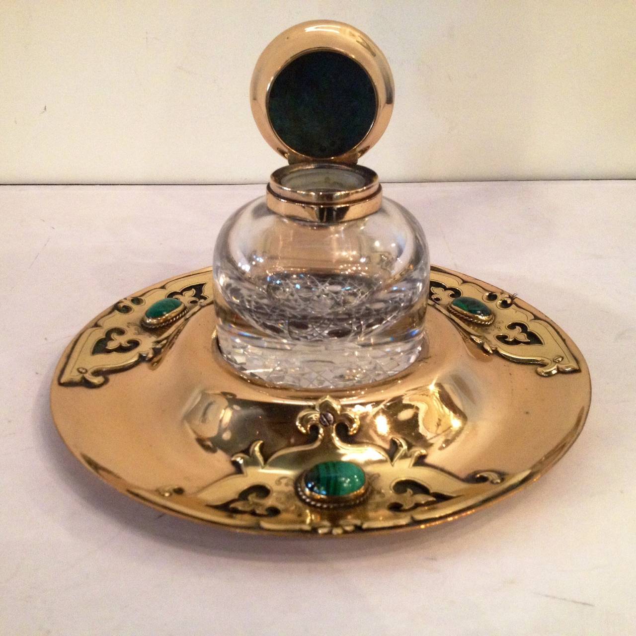 20th Century Art Nouveau Brass Crystal Malachite Inkwell For Sale