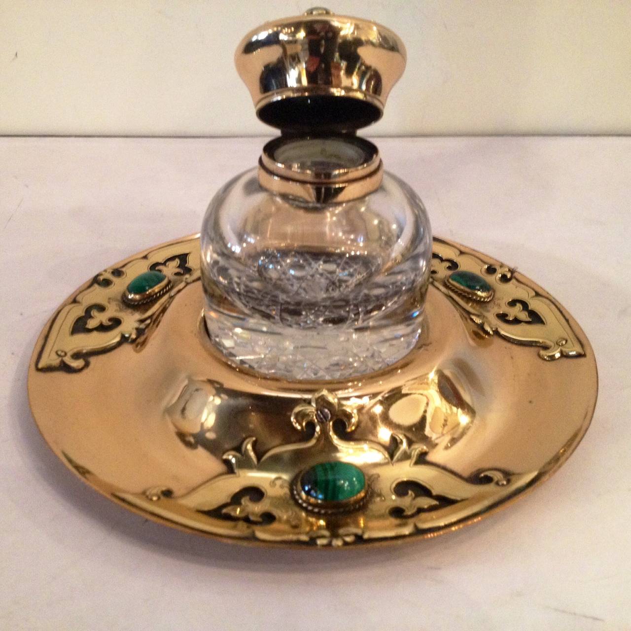 French Art Nouveau Brass Crystal Malachite Inkwell For Sale