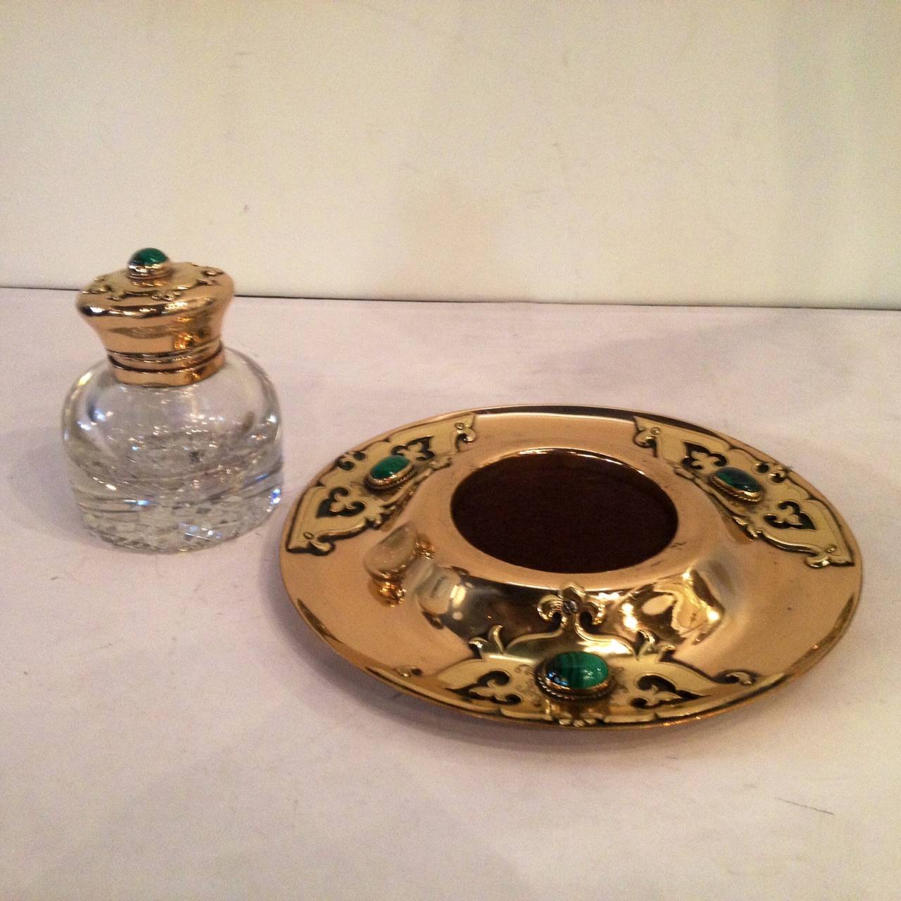 Art Nouveau Brass Crystal Malachite Inkwell For Sale 1