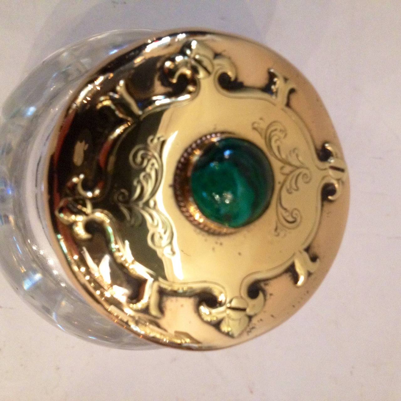 Encrier Art Nouveau Laiton Cristal Malachite en vente 2