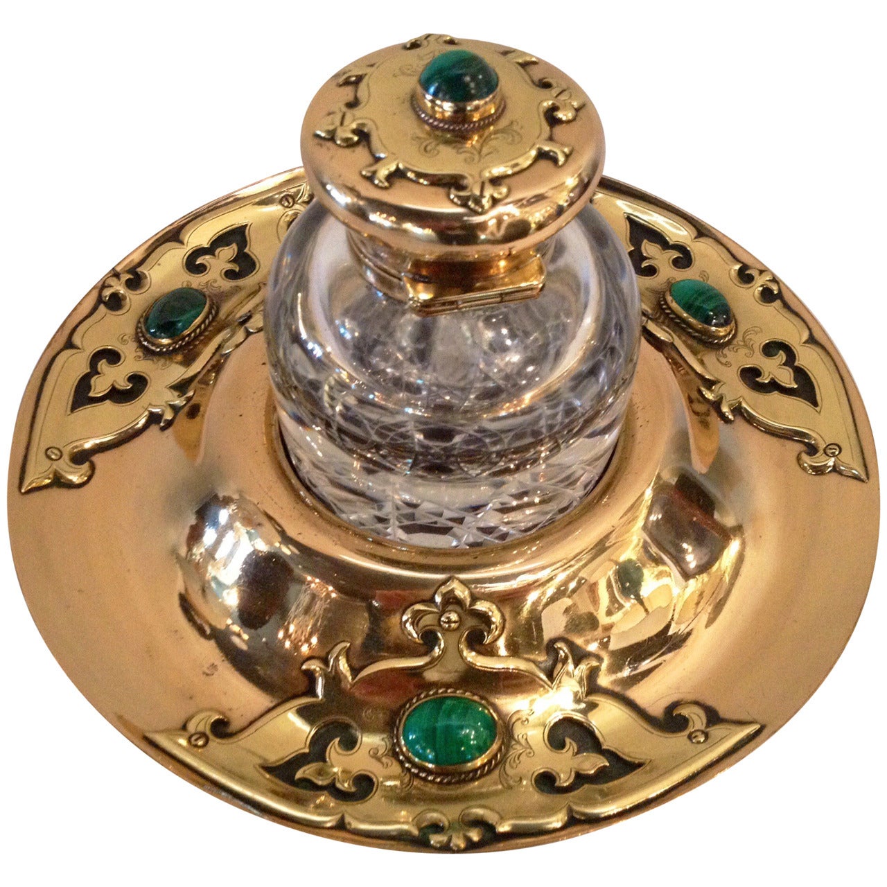 Art Nouveau Brass Crystal Malachite Inkwell