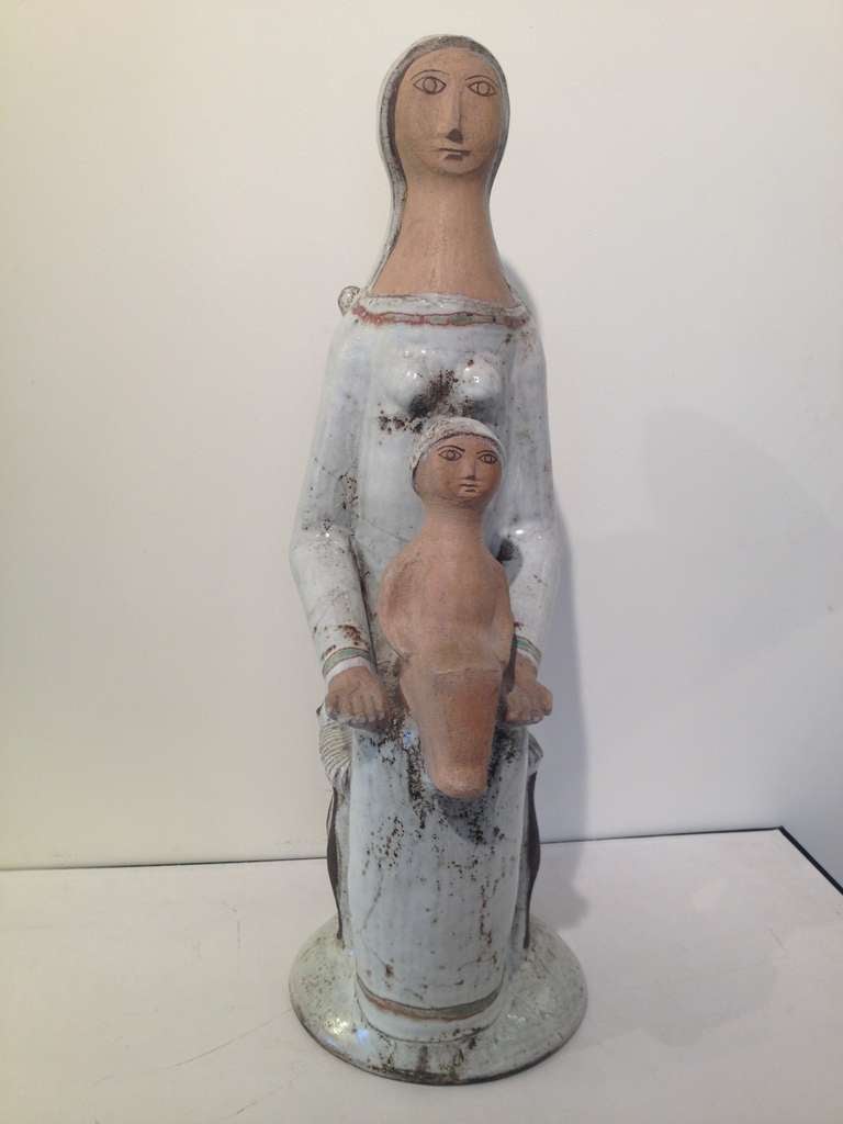 Jean Derval frenchLarge  Women with child ceramic Sculpture circa 1950 born 1925 worked in St Amand with potters Capron and Picault in Vallauris 1948-1951,helped Suzanne Rami in the same workshop and production and throws of Pieces for