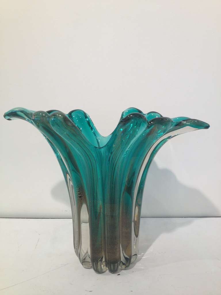 Italian Murano unsigned Attributed Alfredo Barbini Green and gold fleck Fluted vase