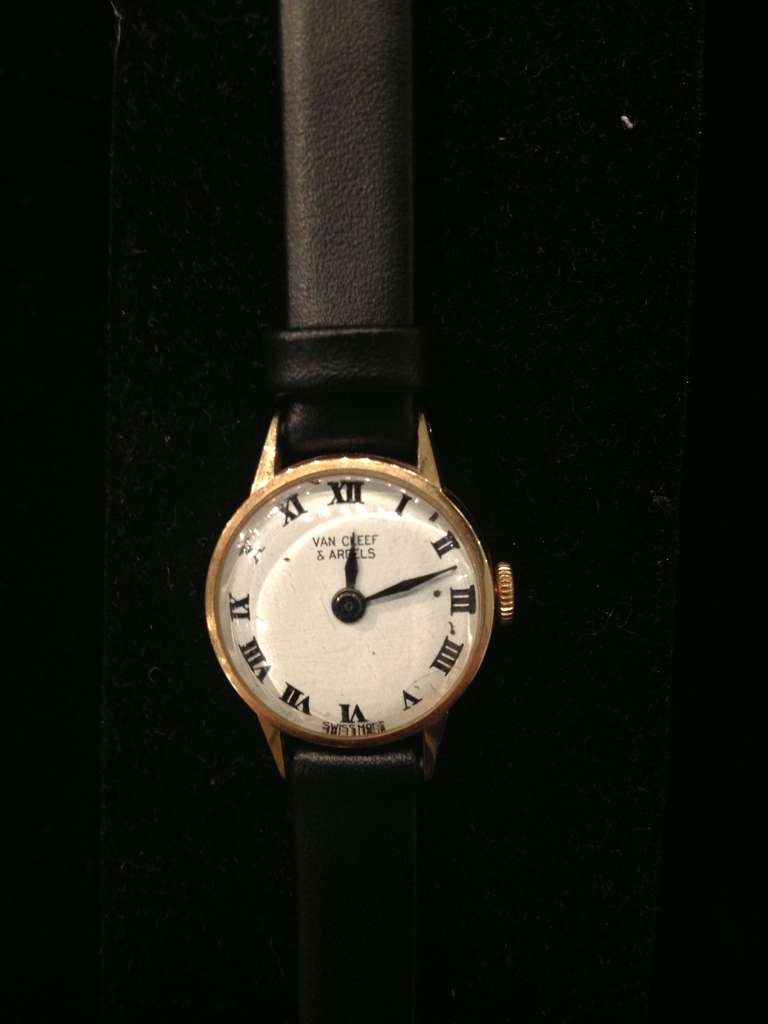 Rare Van Cleef & Arpels petite ladies 14k gold mechanical Wristwatch circa 1950's movement marked concord watch co
585 touch marks with new  black thin strap,the length is 8" total
the watch is 1" long and width 7/8 and 1/4 thick
