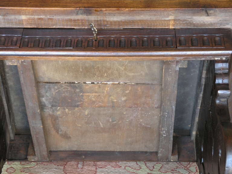 Tuscan Renaissance Trestle Writing Table , Walnut wood , carved legs, wooden cross stretcher , single draw