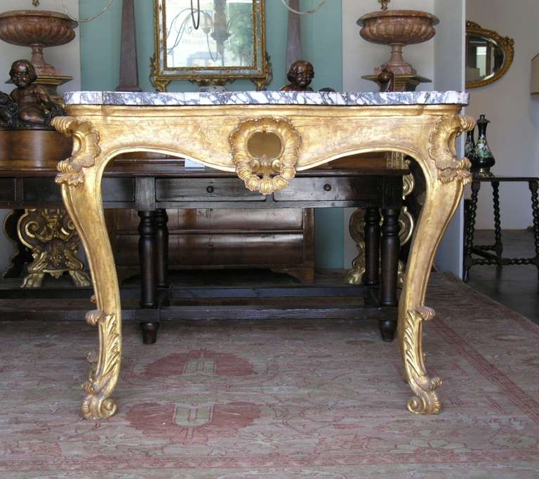 Pair of Italian Breccia Marble Top Giltwood Consoles For Sale 1