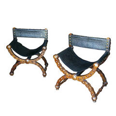 Pair of Tuscan Walnut Tooled Leather Armchairs