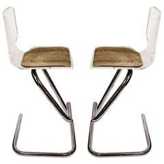 Pair of Italian Modernist Lucite Bar Stools with Tubular Chrome Bases & Python Mohair Seats