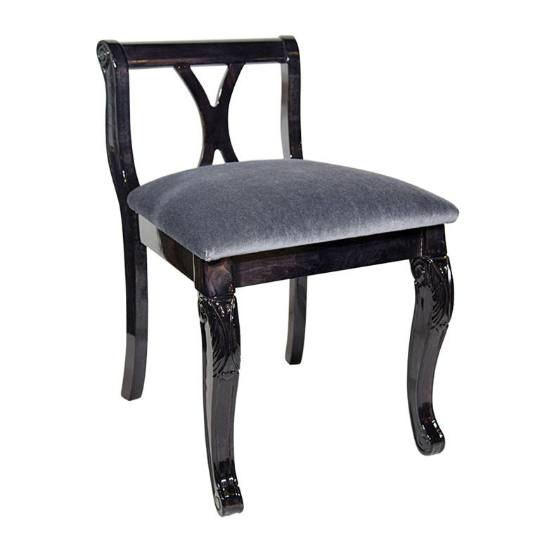 Neoclassical Revival Vanity Stool in Ebonized Walnut and Mohair