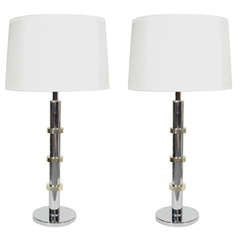 Pair of Art Deco Machine Age Inspired Tall Chrome and Brass Lamps